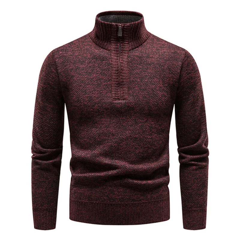 Men's Burgundy Half-Zip Turtleneck Knit Sweater Textured Slim Fit Long Sleeve Warm Casual Pullover