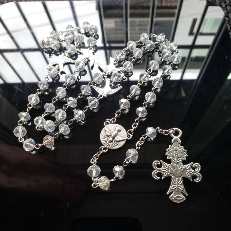 1pc Holy Spirit Dove Medal Rosary Necklace Cross Pendant Crystal Prayer Beads Chain Catholic Church Baptism Communion Jewelry