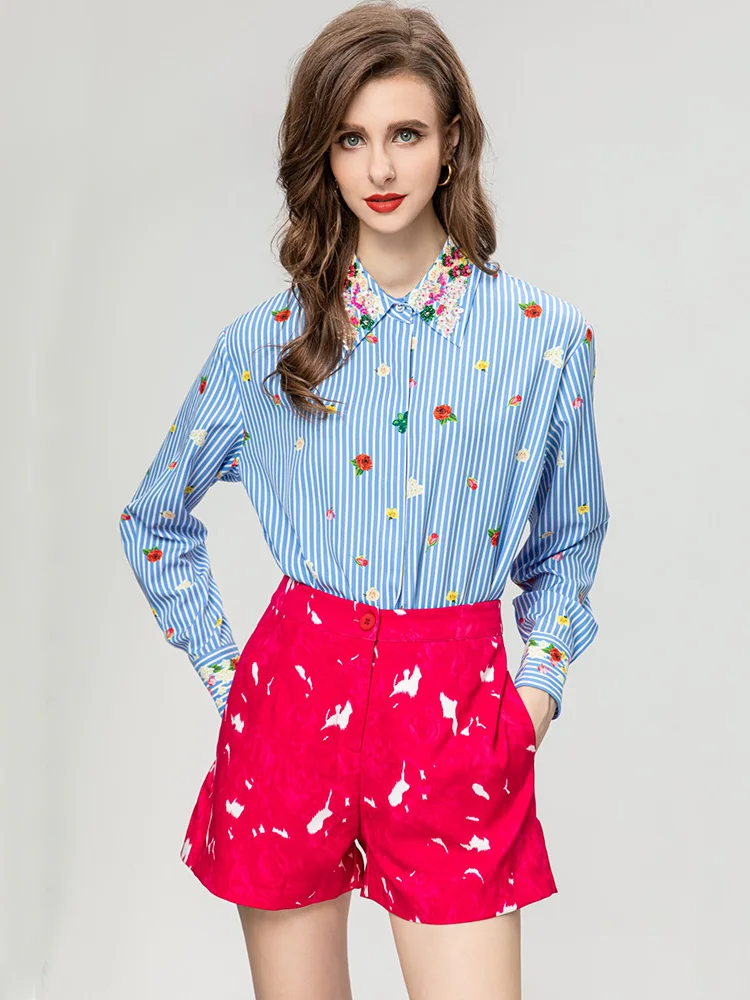 Women\'s Blue Striped Flower Print Shirt and Shorts Suit, Turn-Down Collar, Beading, High Street Sweets,  2 Piece Set