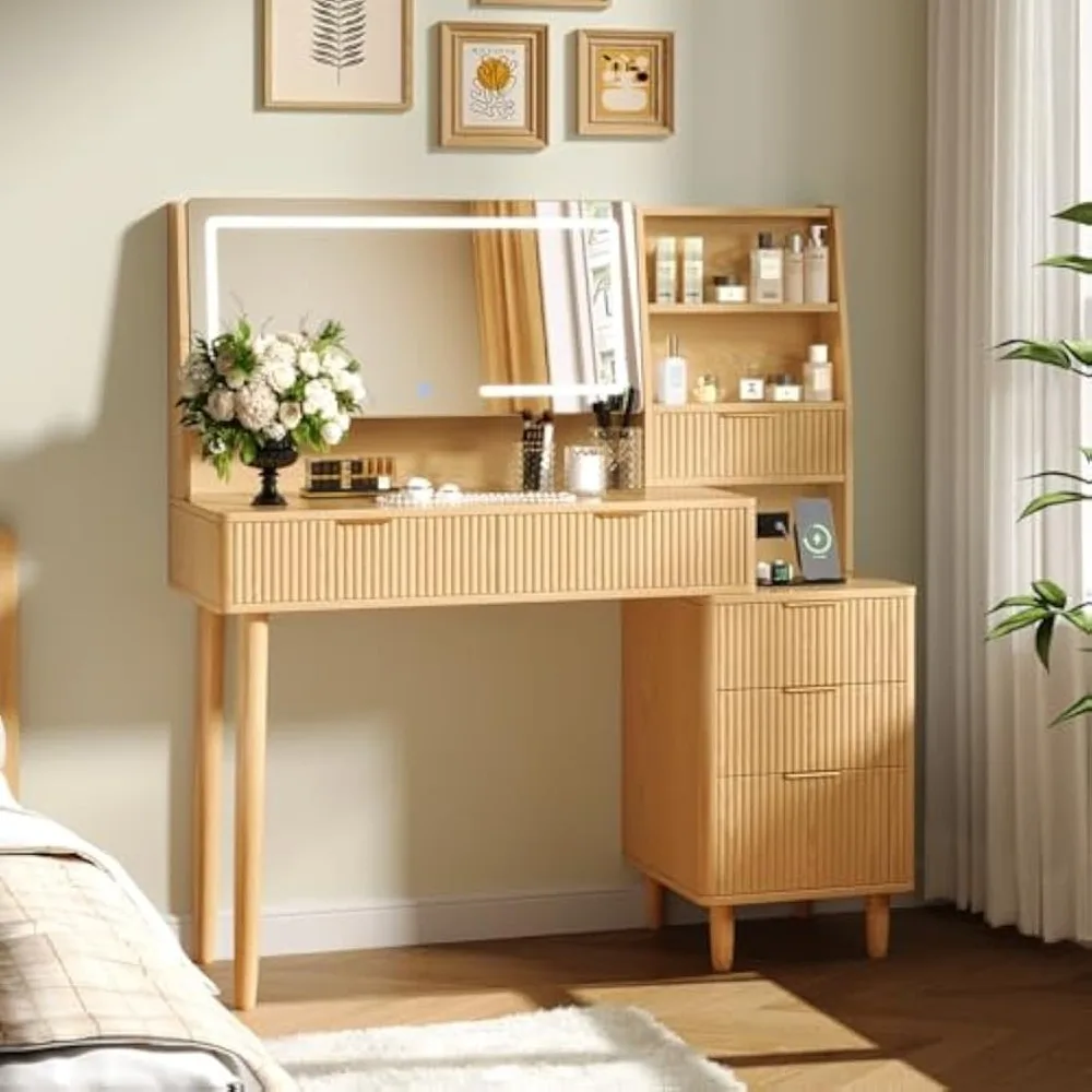 

Make up Vanity Desk with Mirror and Lights, Vanity Desk with Drawers and Storage, Modern Dressers for Bedroom, Wood Color Vaniti