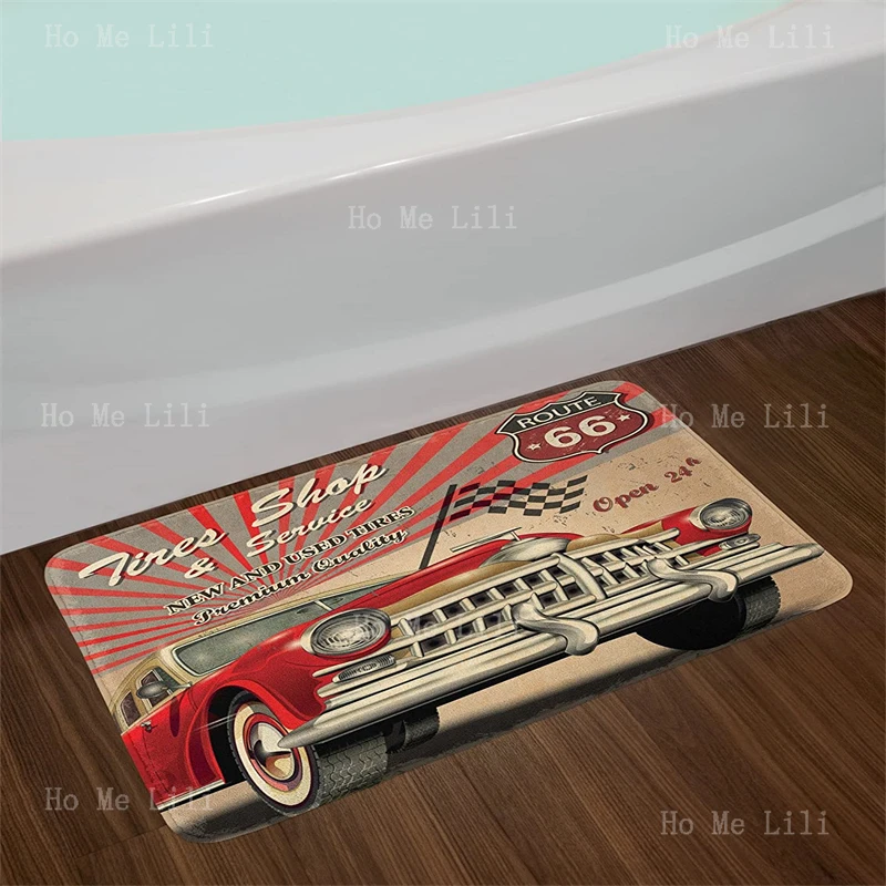 Cars Tires Shop And Service Route 66 Emblem Advertisement Retro Style Poster Print Flannel Floor Rugs With Non Slip Backing