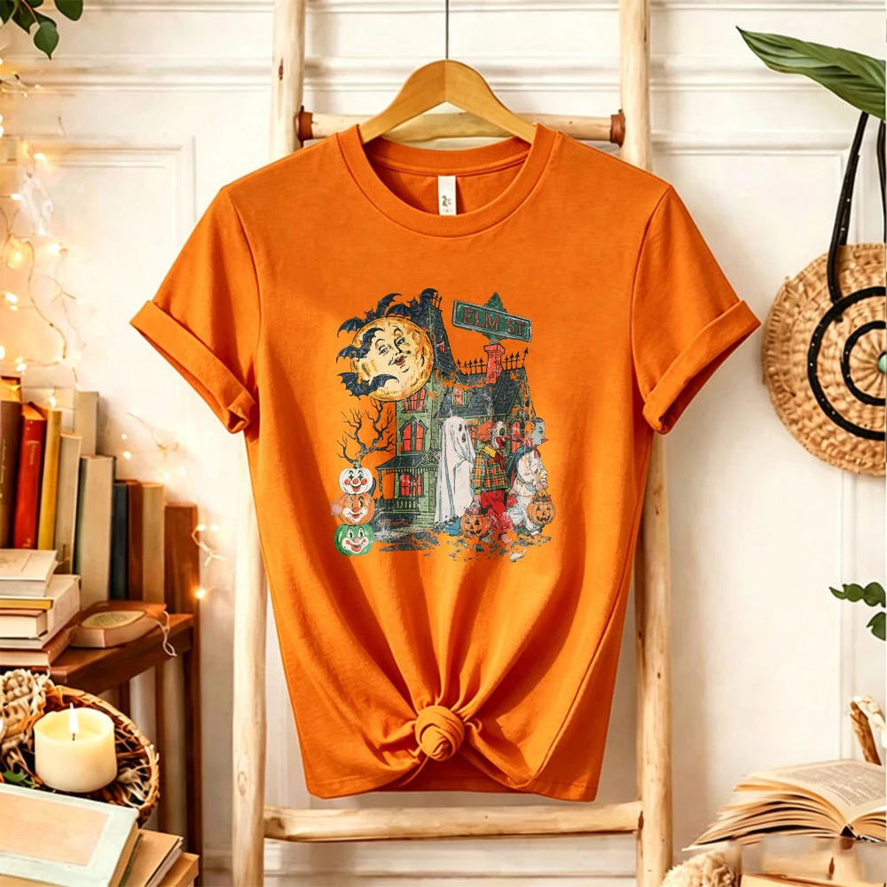 Vintage Halloween Elm St Haunted House T‑Shirt Ghost Pumpkin Bat Moon Spooky Mansion Street Sign Distressed Holiday Casual Tops