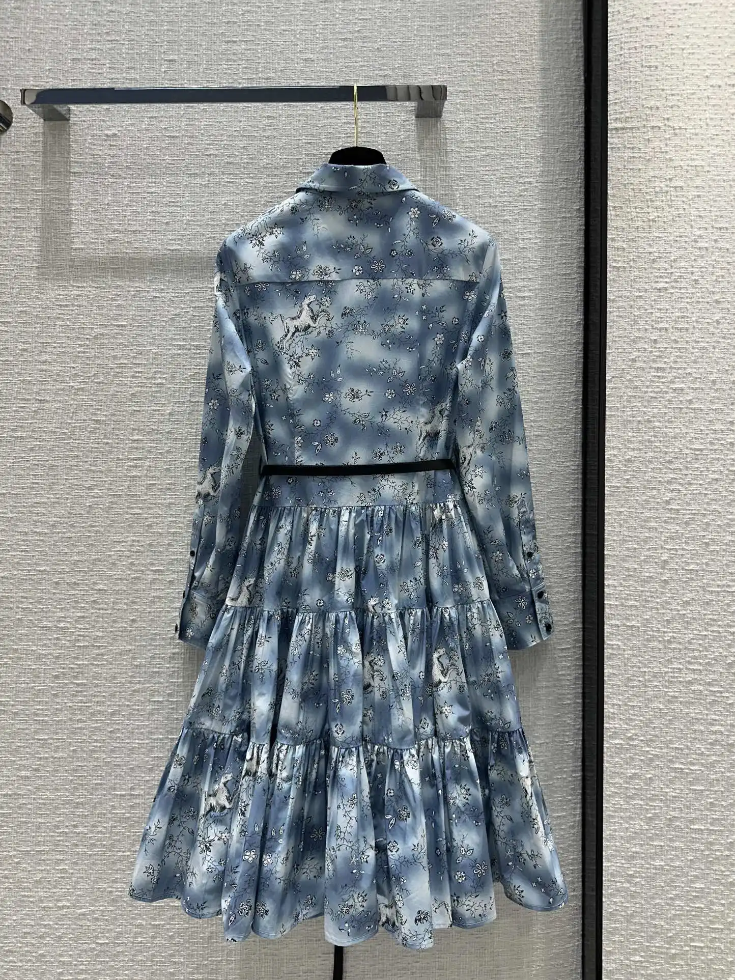 Vestido Midi con estampado Floral de unicornio para mujer, manga larga, cuello vuelto, cinturón, algodón, línea A, alta calidad, Primavera, nuevo