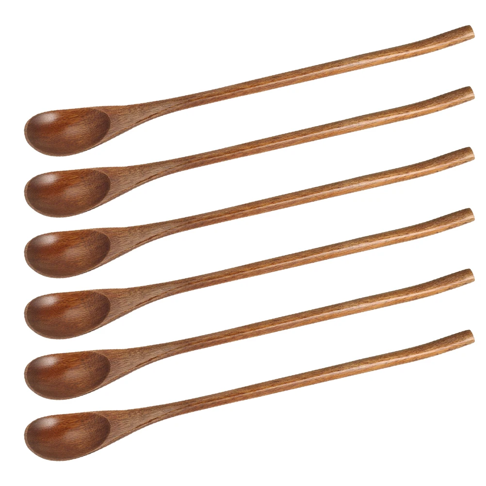

6pcs Long Handle Wooden Coffee Spoon Natural Grain Smooth Stirring Spoons For Soup Tea Honey Jam Yogurt Cereal Mixing Kitchen