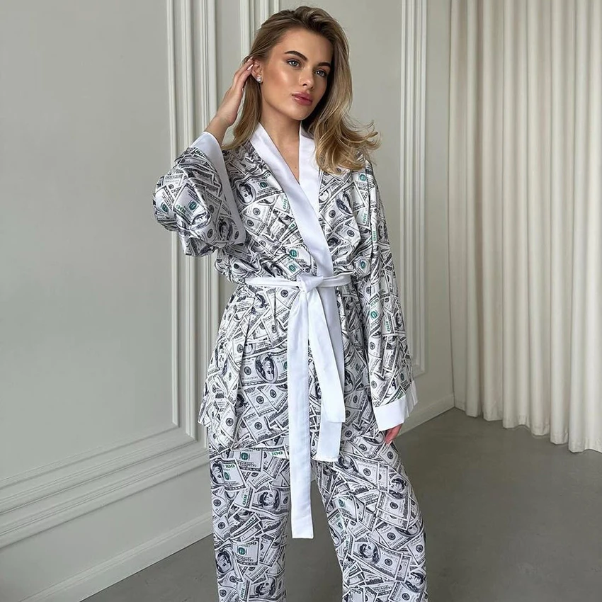 HiLoc Print Fashion Woven Inelastic Women Pajamas 2 Sets Long-Sleeved V-Neck Wrap-Around Lace-Up Nightgown Elastic Waist  Pants