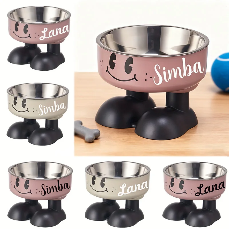 Customized Pet Name, Stainless Steel Raised Pet Bowl Cat Bowl, Dog Bowl - Anti-Dump Heavy Base, Non-Slip Raised Feeding Plate