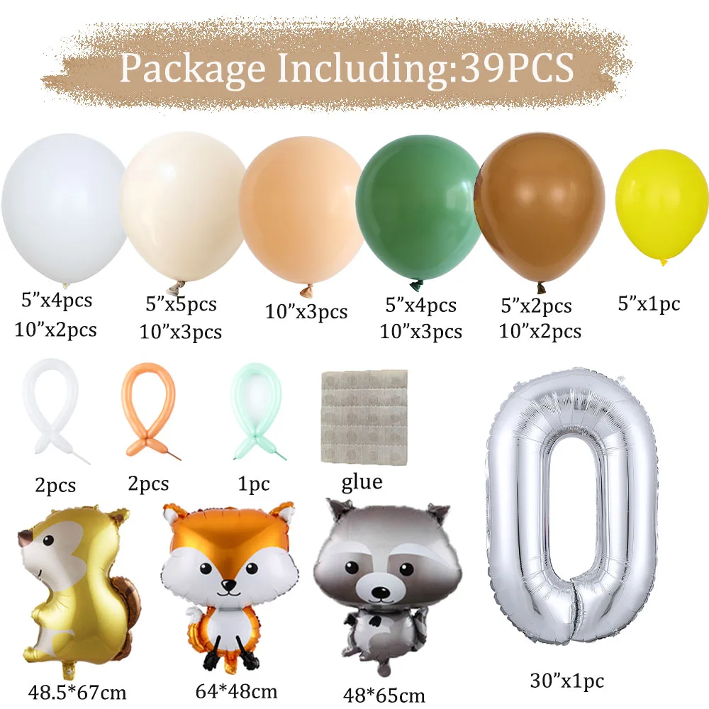 39Pcs Jungle Animal Balloons Set Squirrel Raccoon Fox Foil Balloon 32inch Number Globos Kids Birthday Party Baby Shower Decor