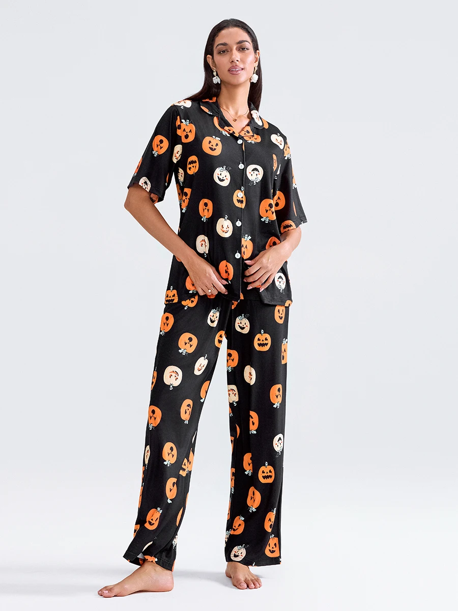 Women Halloween Pumpkin Print Lapel Collar Button Pajama Set Short Sleeve Shirt With Pants Sleepwear Loungewear Homesuits