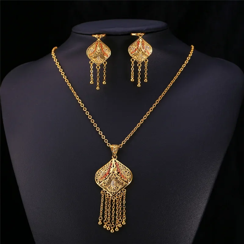 U7 Gold Color Jewelry Set Wedding Accessories Indian Trendy Tassels Party Long Earrings Necklace  For Women Gift S632