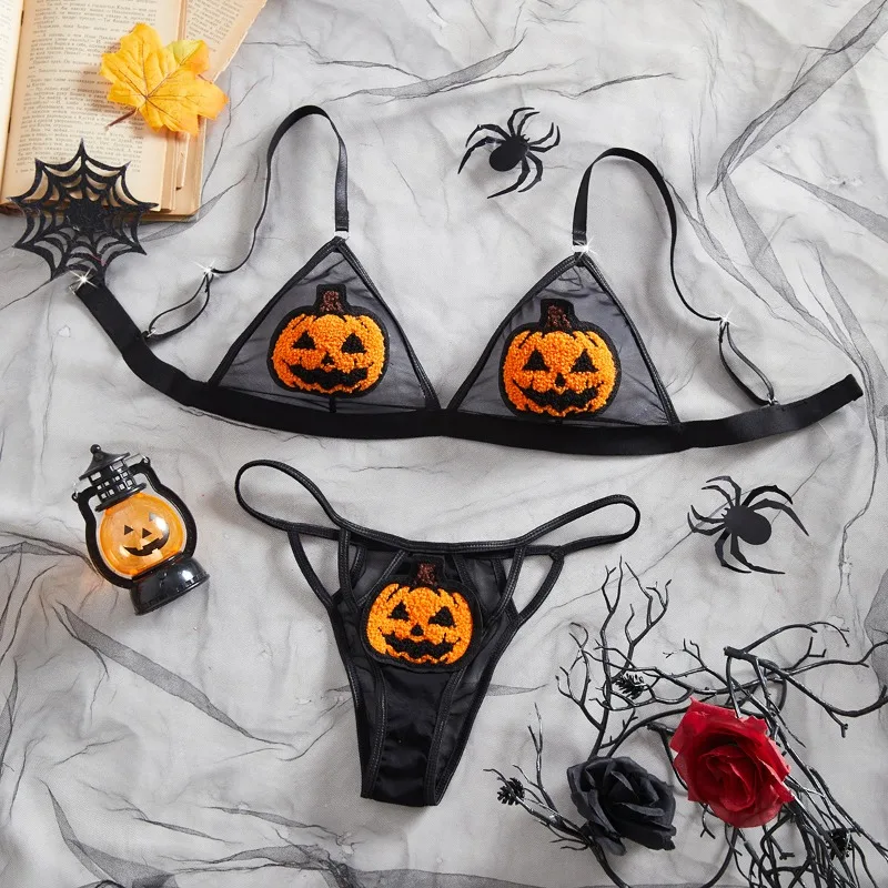 Toucheart 2PCS Halloween Sexy Pumpkin Demon Underwear Set Lace See-through Slim Plunge Backless Interesting Mesh Underwear Set