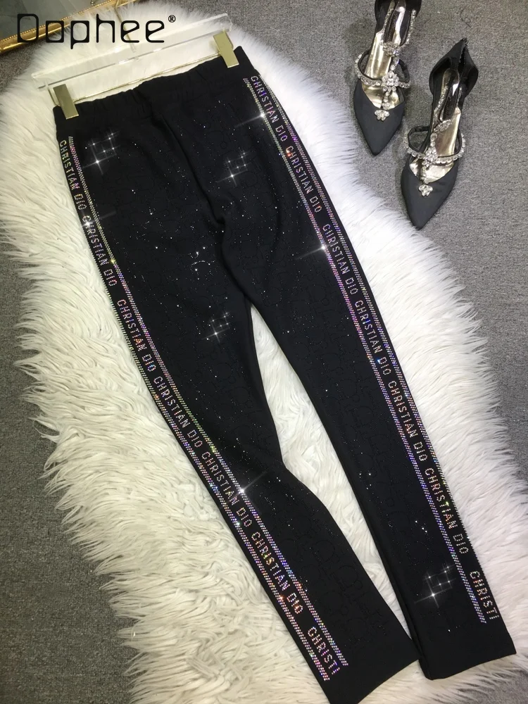 

Fashion Rhinestone Letter Leggings Female 2024 Spring Autumn New High Waist Slimming Black Pants Leggings Sport Women Fitness