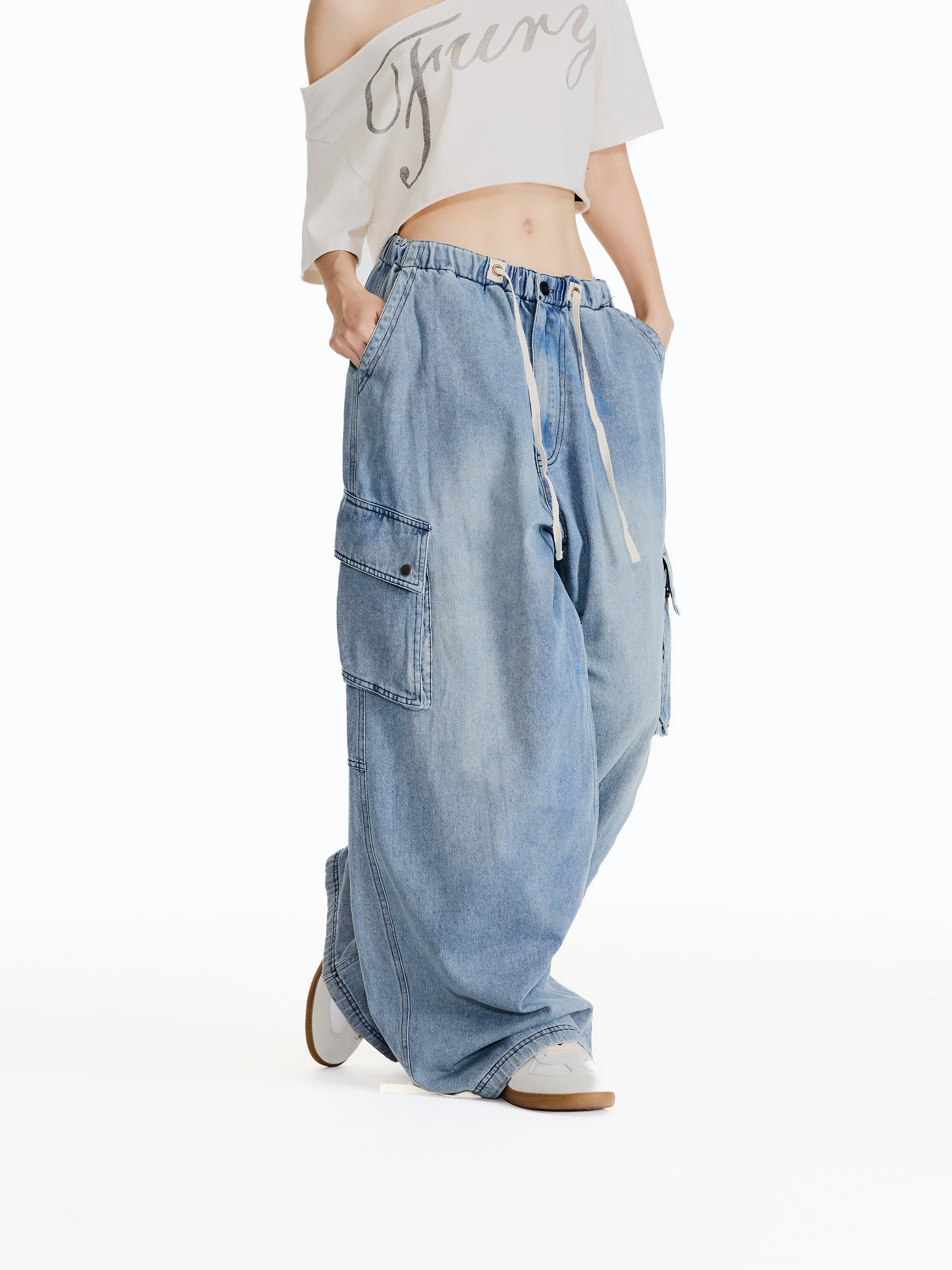 High Waist Straight Leg Jeans Women's Loose Wide Leg Pants Jazz Street Dance Style Multiple Pockets Water Wash Cotton Denim
