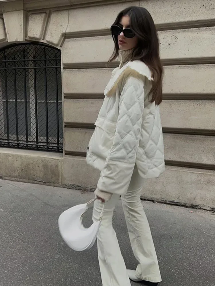 Cappotto in cotone monopetto bianco da donna elegante colletto per bambole maniche lunghe giacca trapuntata tascabile 2024 autunno inverno capispalla da donna