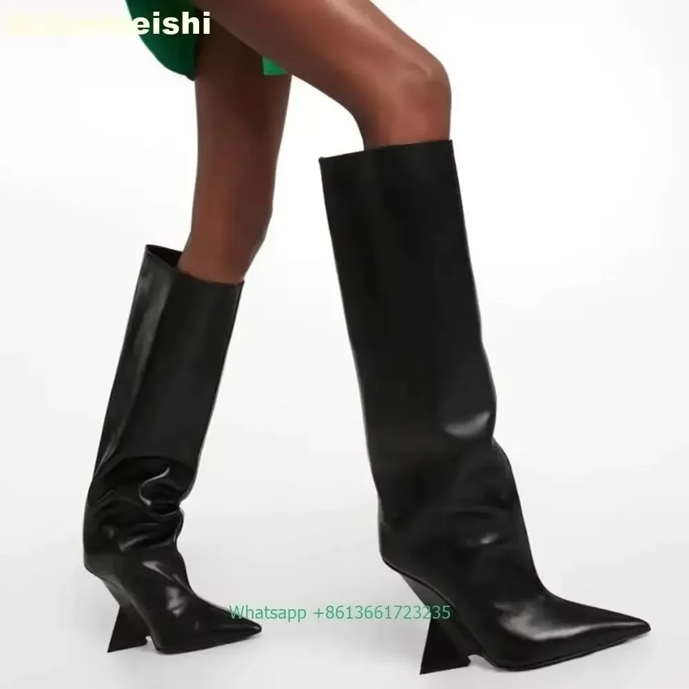 

Strange Style Heel Pointed Toe Knee-High Boots 2025 Winter Novelty Solid Color Slip On Large Size Women Long Boots Leather Shoes