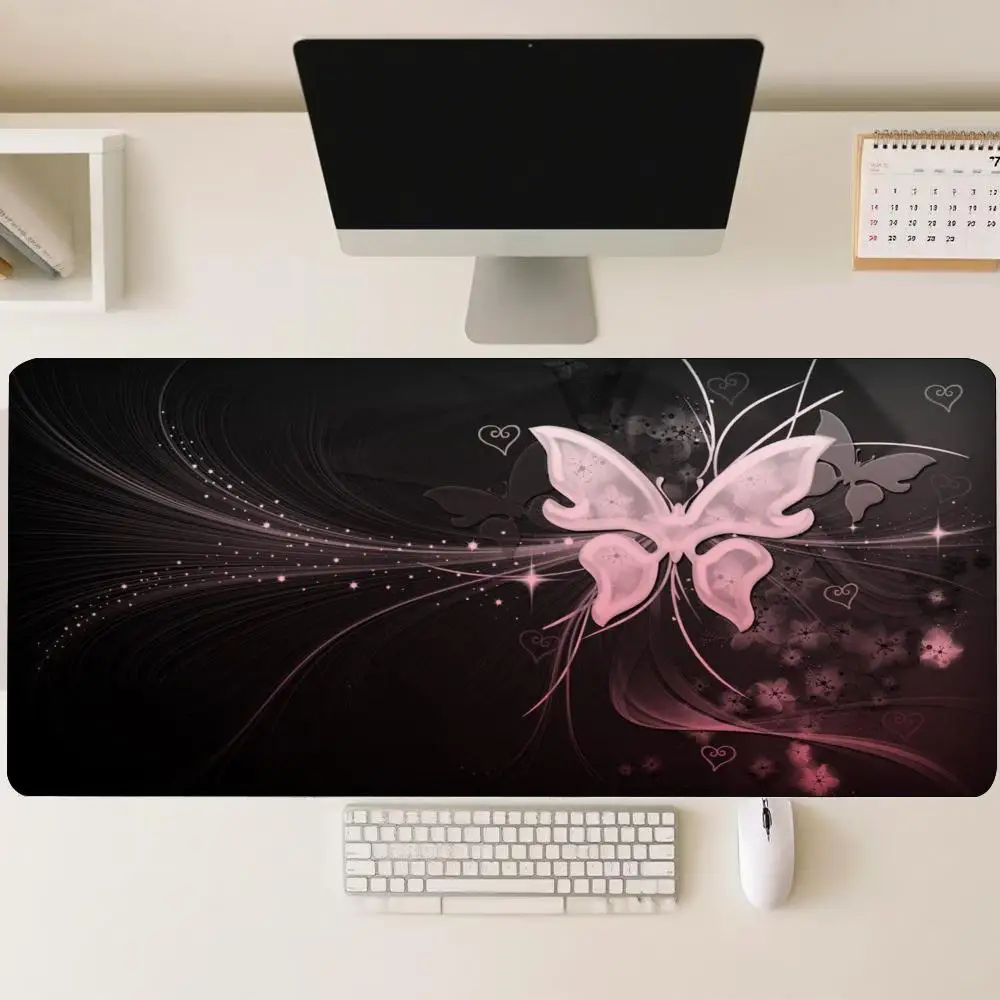 Gothic Pink Sparkle Butterfly Large Mouse Pad Non Slip Rubber Desk Mat Stitched Edge For Computer Laptop Gaming Workspace