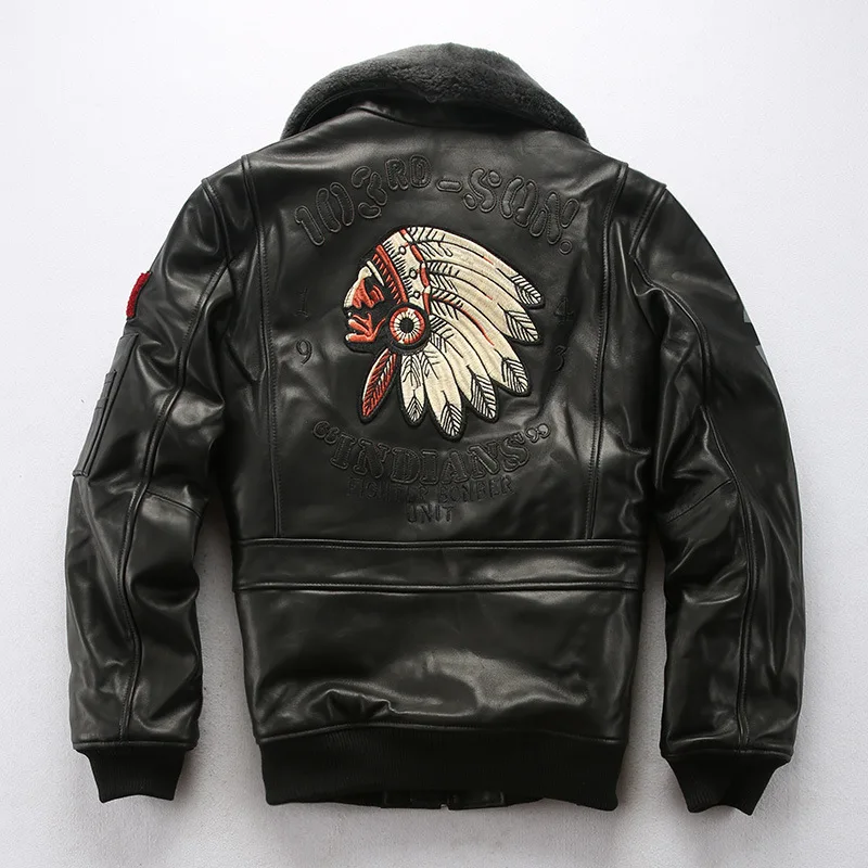 Factory 2024 Men Embroidery Indian Skull Air force flight A1 Pilot Sheepskin Jacket Casual Wool collar Real leather jacket