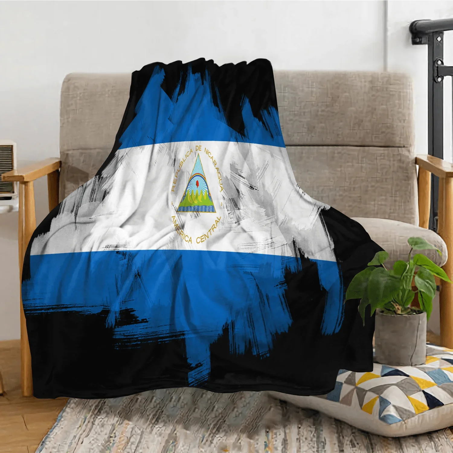 Nicaraguan Flag Flannel Blanket - Soft Lightweight Throw Home, Comfortable Bed or Sofa Trim, Blue and White Design with Insignia