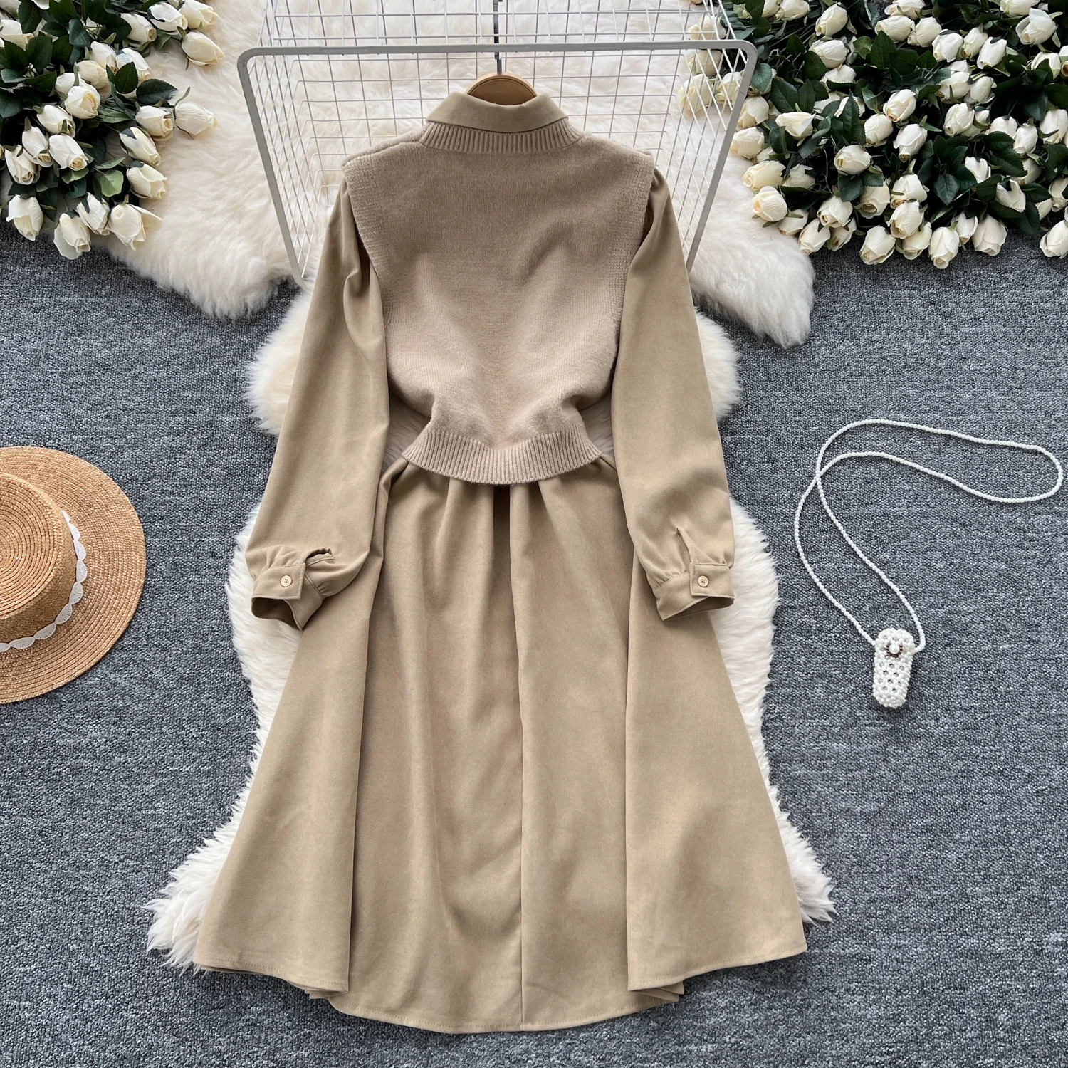 Women Two-Piece Sets Vintage Single Breasted Vest and Turn-down Collar Corduroy Dress Korean High Street Autumn Winter Clothing