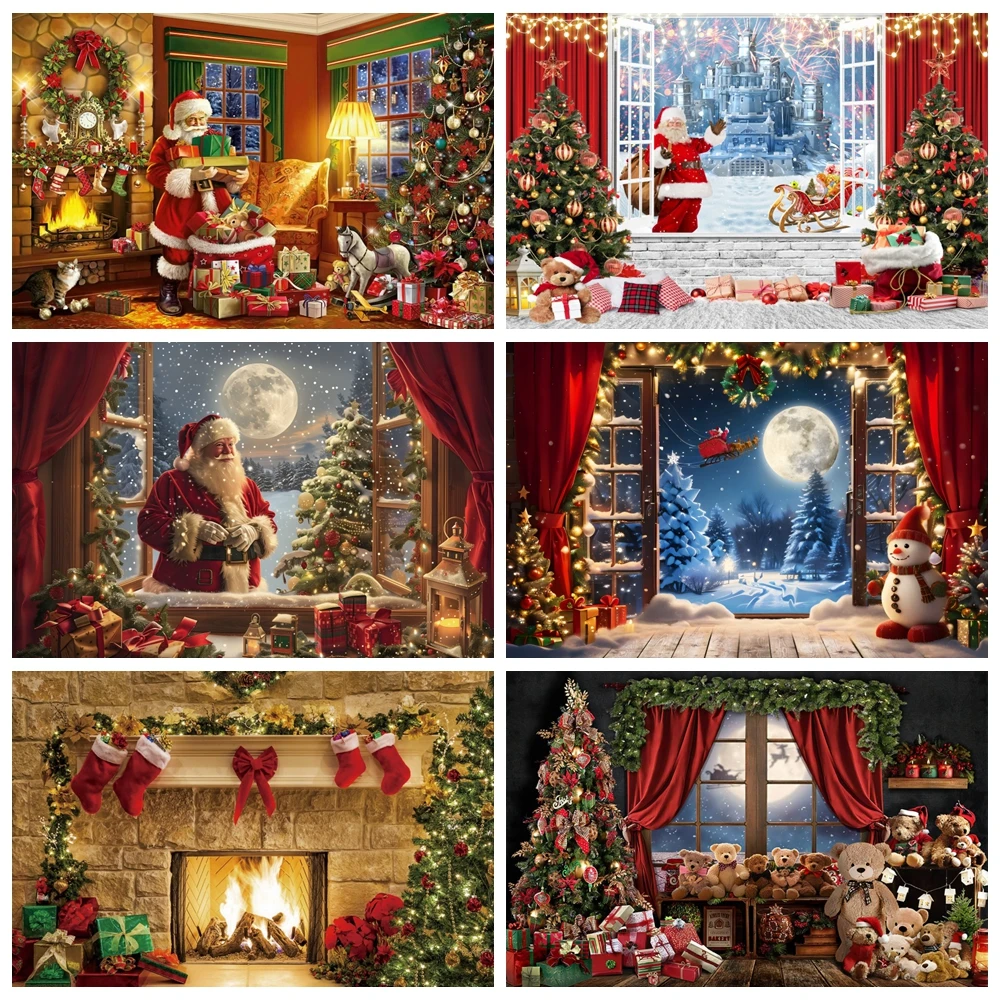 Christmas Backdrop Xmas Tree Santa Claus Gift Window Fireplace Baby Family Portrait Photography Backgrounds for Photo Studio