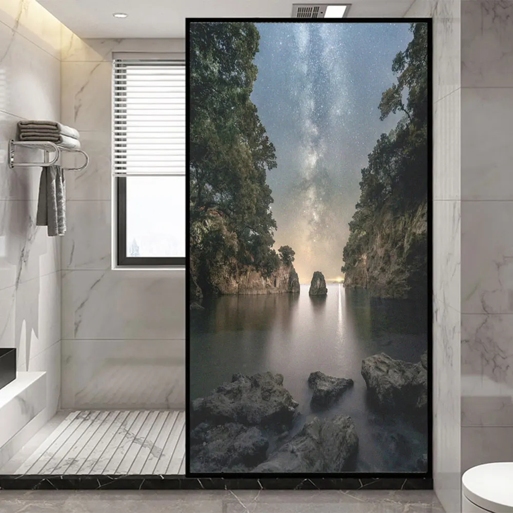 Privacy Window Film Water Night Sky Pattern Frosted Glass Door Flim Sun Blocking No Glue Static Cling Glass Window Sticker
