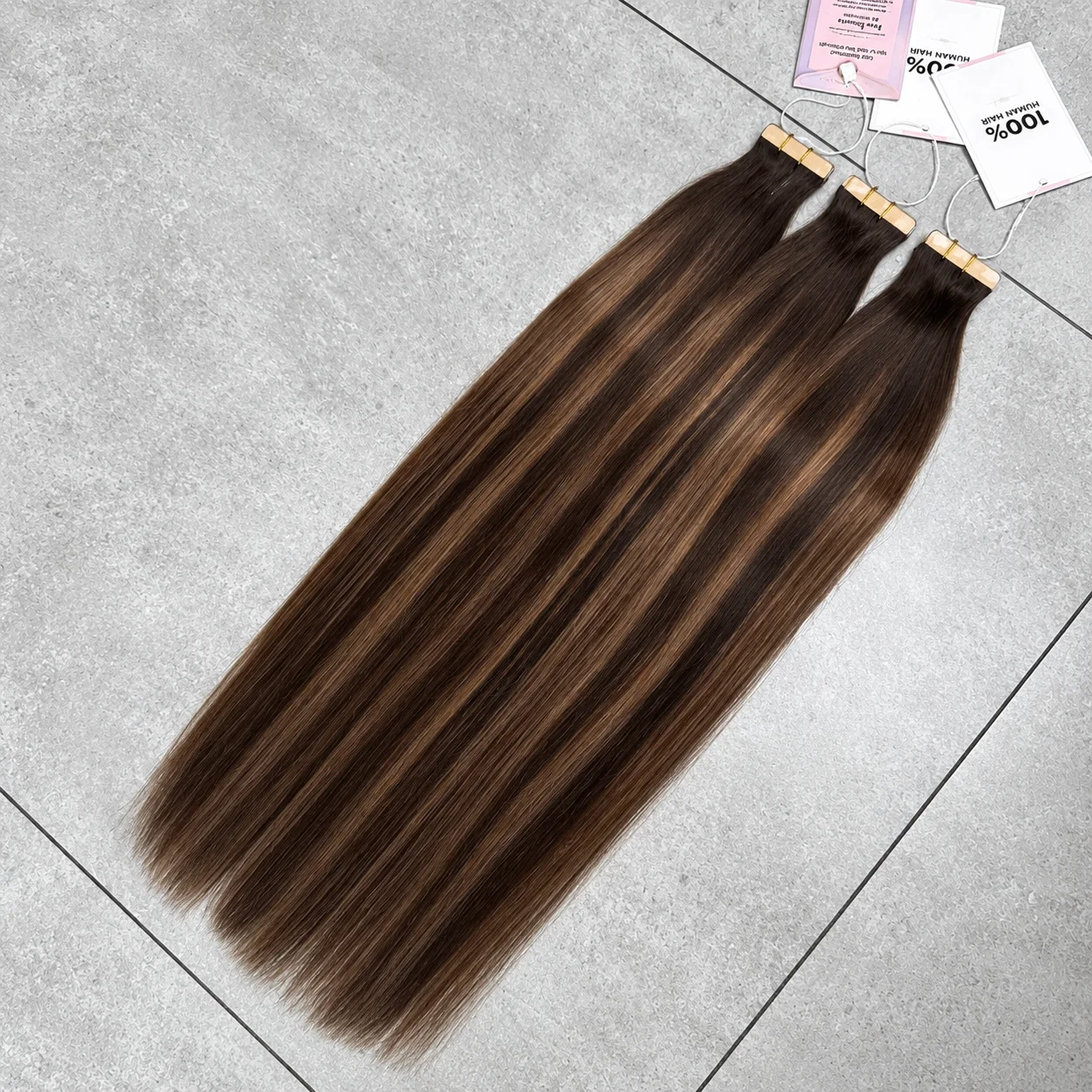 63Pcs/3Pack Highlight Ombre Everyday Wear Tape in Hair Extensions 100% Human Hair T26P2# Dark Brown To Chestnut Brown Seamless Invisible Straight Hair 18-26 Inch Tape Skin Weft PU Pure Human Hair For Women