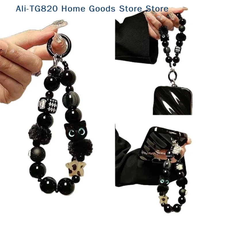 

[TG820]1PCS Luxury Black Fluffy Cat Mobile Phone Strap With Beaded Handle Chain Wrist Anti-Theft Clip Bag Accessory