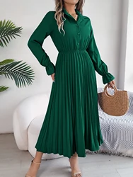 Elegant Single-breasted Pleated High Waist Solid Long Sleeve Dress, Women's Clothing