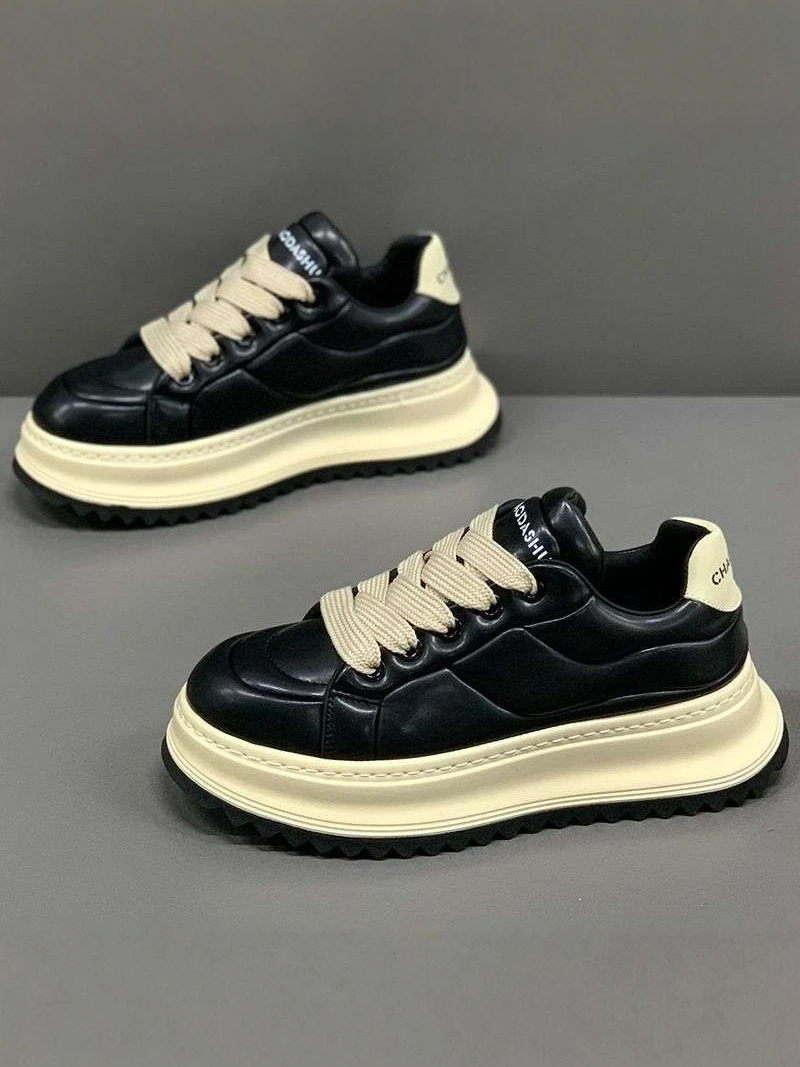 

Men's Black Thick Bottom Heightening Bread Shoes 2026 New Summer Trend Casual Sports Youth Leisure Shoes Leather Upgraded