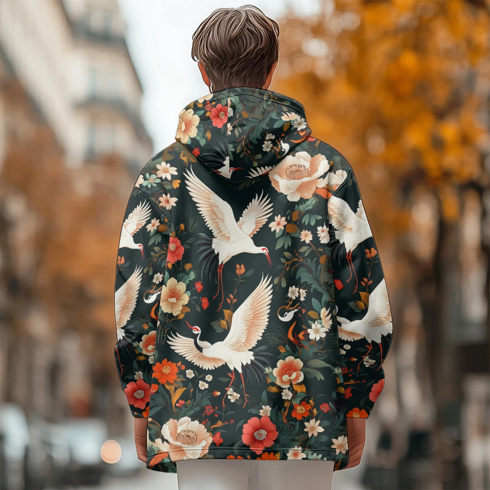 Man winter clothing, New in Down Coats, Flowers doodle cranes design cotton-padded jacket clothing, feather print pocket zipper