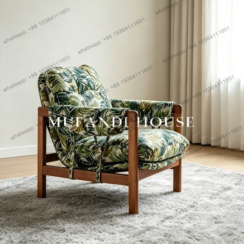 Medieval rainforest printed solid wood single sofa chair living room balcony retro fabric leisure chair