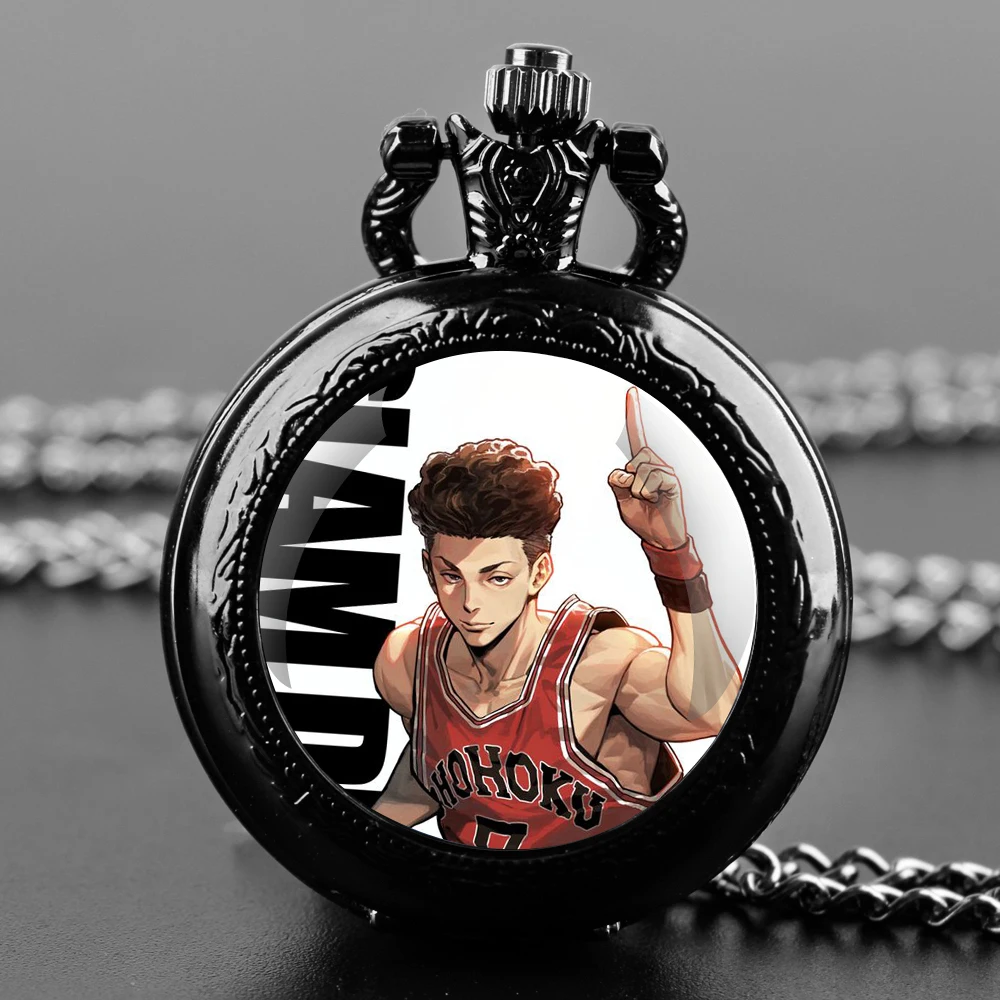 Orologio da tasca al quarzo nero con cupola in vetro Anime Slam Dunk con quadrante con numeri arabi e catena resistente, regalo retrò per uomini e donne