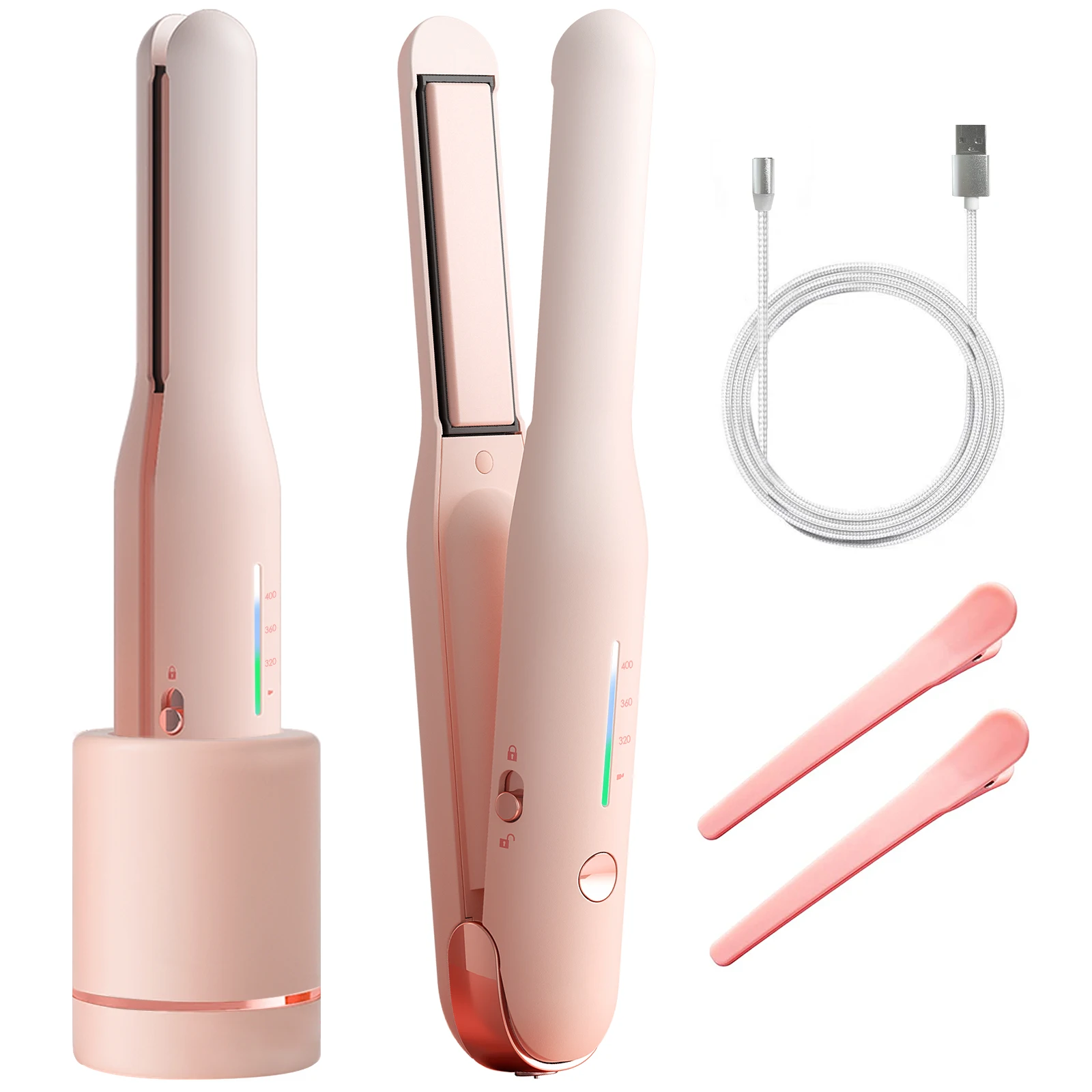 Professional USB Rechargeable Hair Straightener 40w Pink Ceramic Cordless Mini Wireless Flat Iron Device Set Product Tool