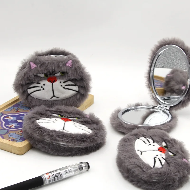 Double Sided Folding Mirror with Magnification Cartoon Plush Compact Mirror Cartoon Animal Shape Makeup Mirror