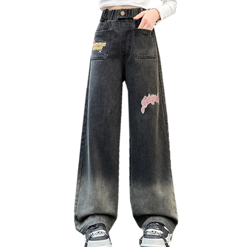Korean Kids Gray Gradient Jeans in Black For Girls Straight Slim Fit Denim Pants Teens Child Casual Jeans Trousers With Letters