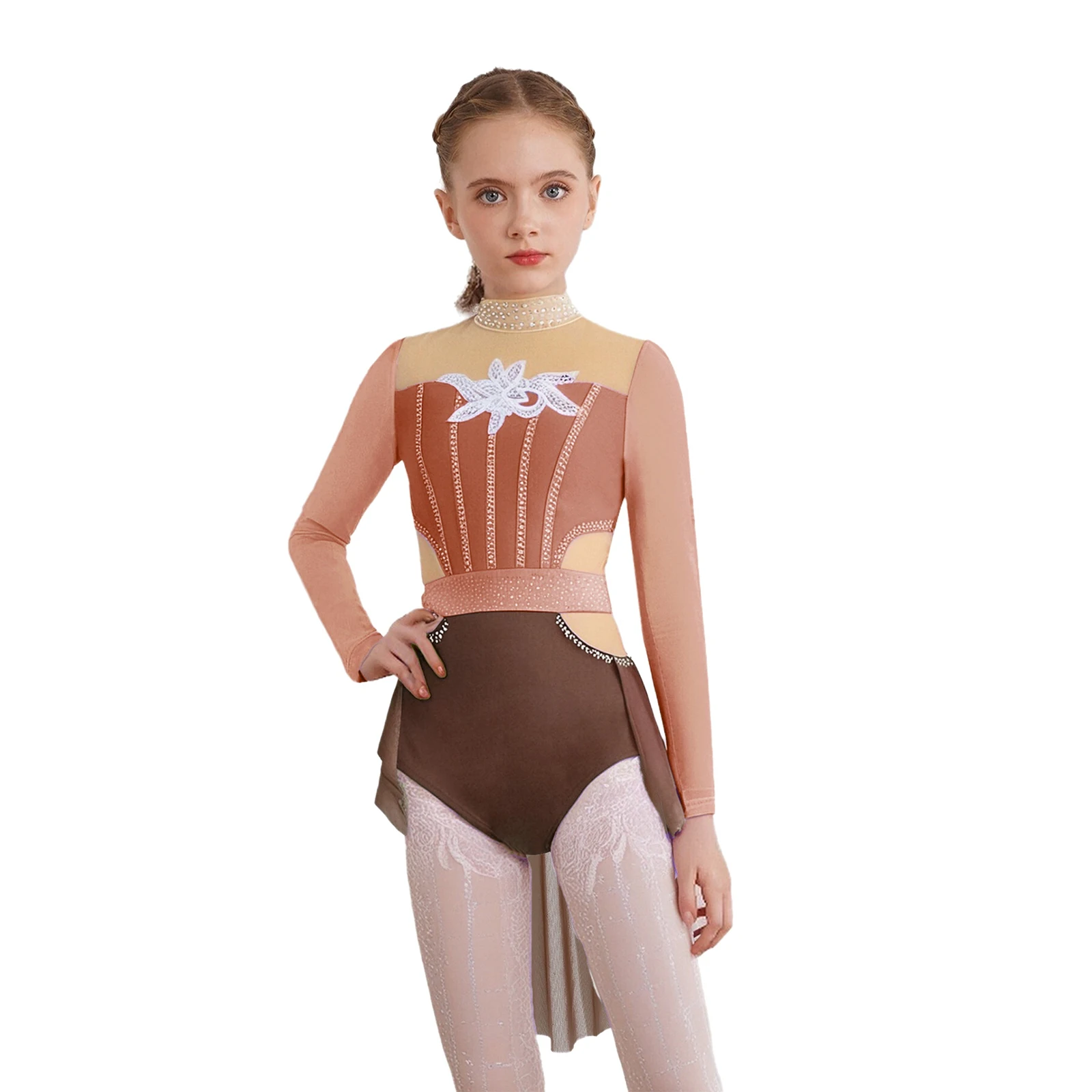 

Kids Girls Ballet Lyrical Dance Dress Long Sleeve Sequins Applique Rhinestones Color Block Mesh Splice Ballet Skirted Leotards