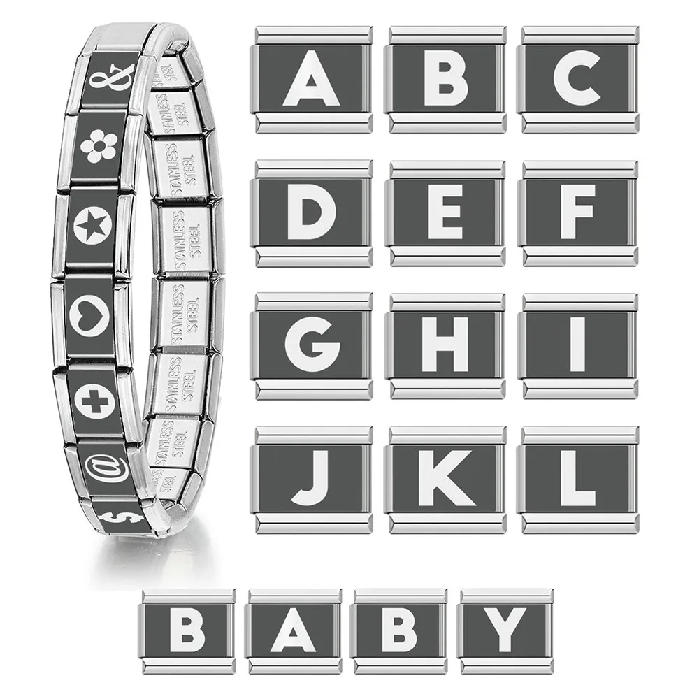Großhandel mit italienischem Charm-Link, passend für 9 mm Laserperlen, 26 englische Buchstaben, Armband, Edelstahl, DIY, elastische Schmuckherstellung für Geschenke – Detail 1