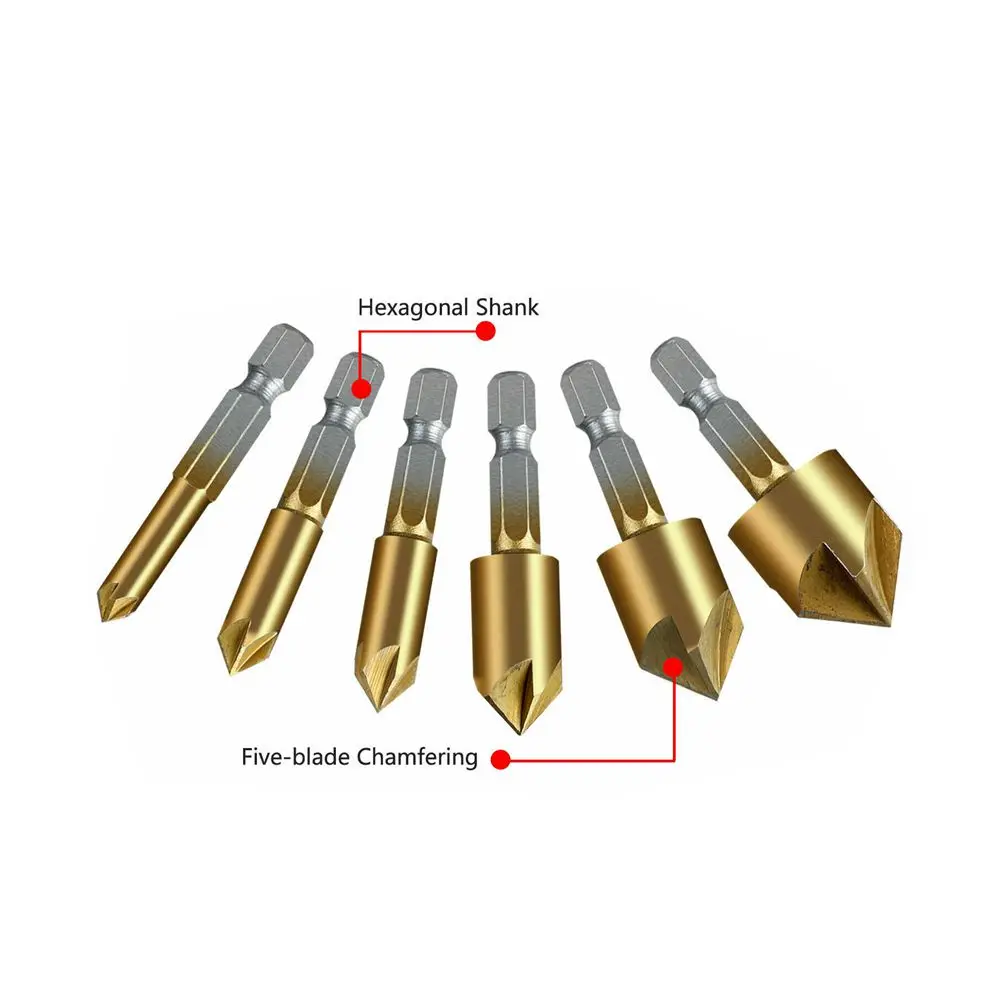7pcs 5 Flute Countersink Drill Bit Set 90 Degree Counter Sink Chamfer Cutter 1/4'' 6mm-19mm Extension Rod 60mm