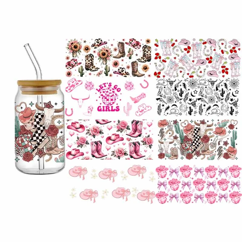 

3D UV DTF Cowboy Design Cool Transfer Sticker Wraps Cup Waterproof High Qaulity Sticker 16oz Libbye Glass Cup