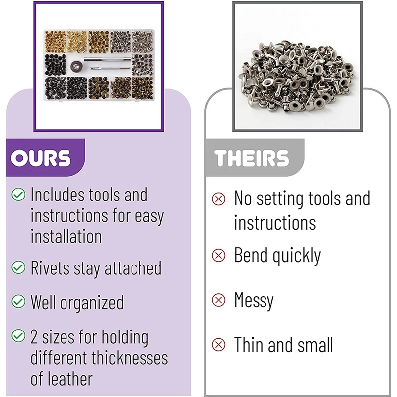 Zestaw skórzanych nitów, 4 kolory, 2 rozmiary, 240 szt., rurki metalowe szpilki z narzędziami do mocowania, nity z podwójną nasadką, nity do skóry