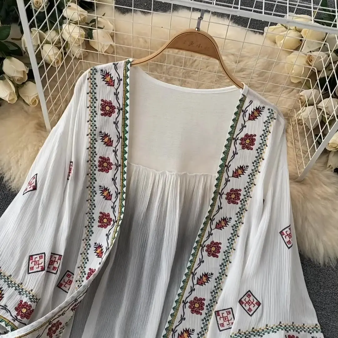 Bohemian Zonnebrandcrème Vest Jas Zomer Strand Vakantie Vintage Flare Lange Mouwen Geborduurd Losse Kwastje Sjaal Femal Top