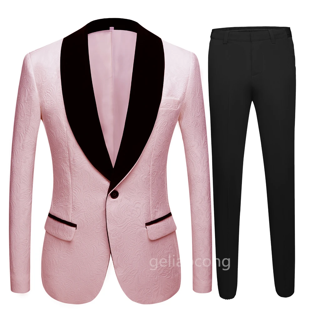 

Fashion Pink Jacquard Men Suit Single Breasted Shawl Lapel Blazer Formal Elegant 2 Piece Jacket Pants Wedding Slim Fit Party Set