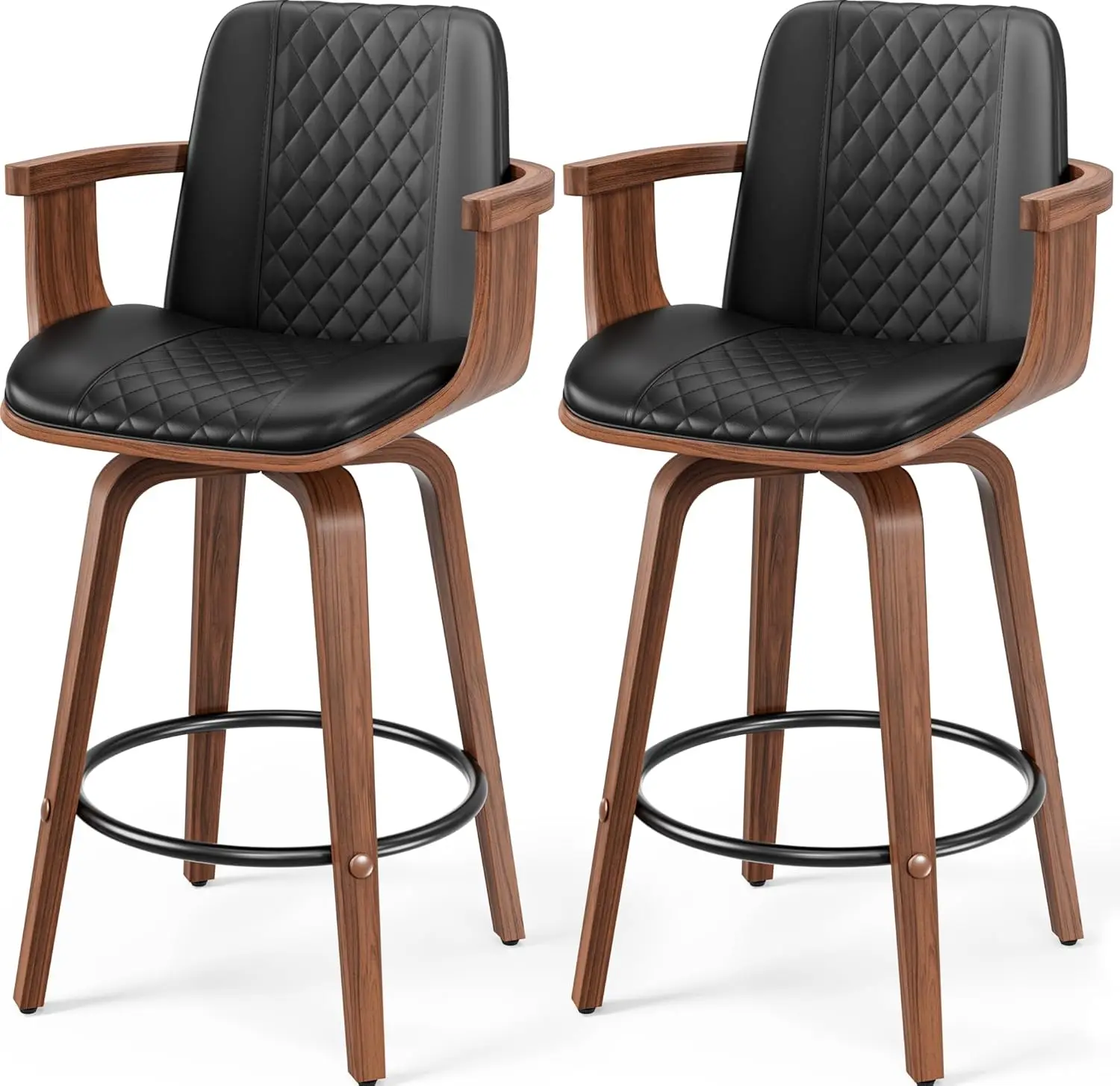 

Набор из 2 барных стульев, 26-дюймовые барные стулья из гнутой древесины с деревянными подлокотниками, современный поворотный барный стол середины века, по индивидуальному заказу