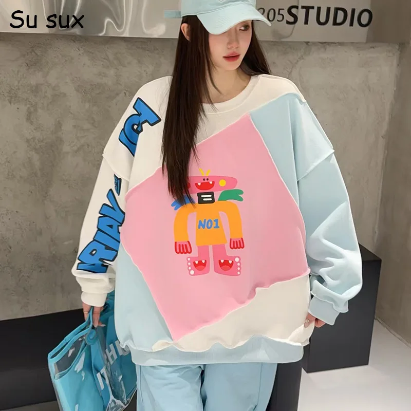 

Весенние свитшоты оверсайз с граффити и мультяшным принтом 2026 года, женские повседневные топы-пуловеры в стиле пэчворк, одежда Y2K, обхват груди 146 см, верхняя одежда