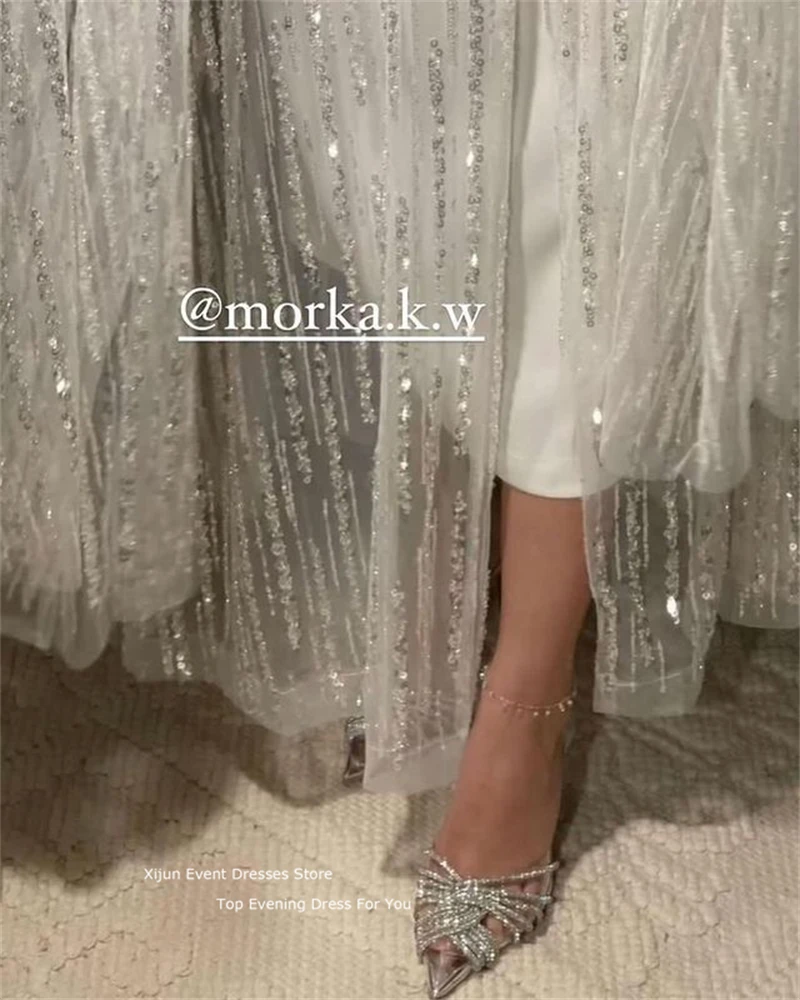 Xijun White Glitter Lace Evening Dresses Prom Gowns Jacket Long Luxury 2023 Sequin Sweatheart Formal Prom Dress Dubai Party Gown