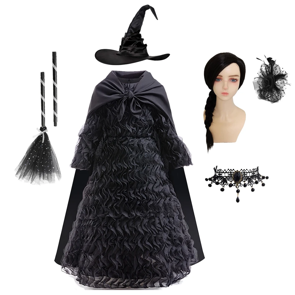 Girls Black Witch Dress Fall and Winter Wicked Witch Children Clothing Black Party Dress Evening Party Costumes With Cape Gown