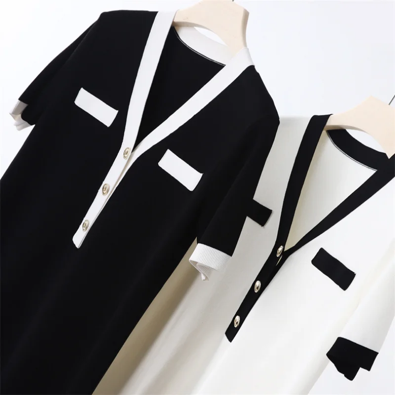 Knitted Black Dresses Women Dress Spring Summer Viscose Offce Lady Ice Silk V-neck Short-sleeved Color Contrast Cool White Skirt