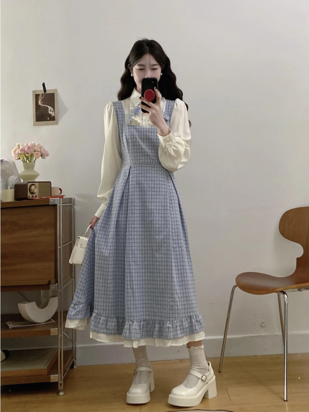 

Новое женское весеннее платье больших размеров в клетку, имитация двух частей, с завышенной талией, омолаживающее, А-силуэт, длинное