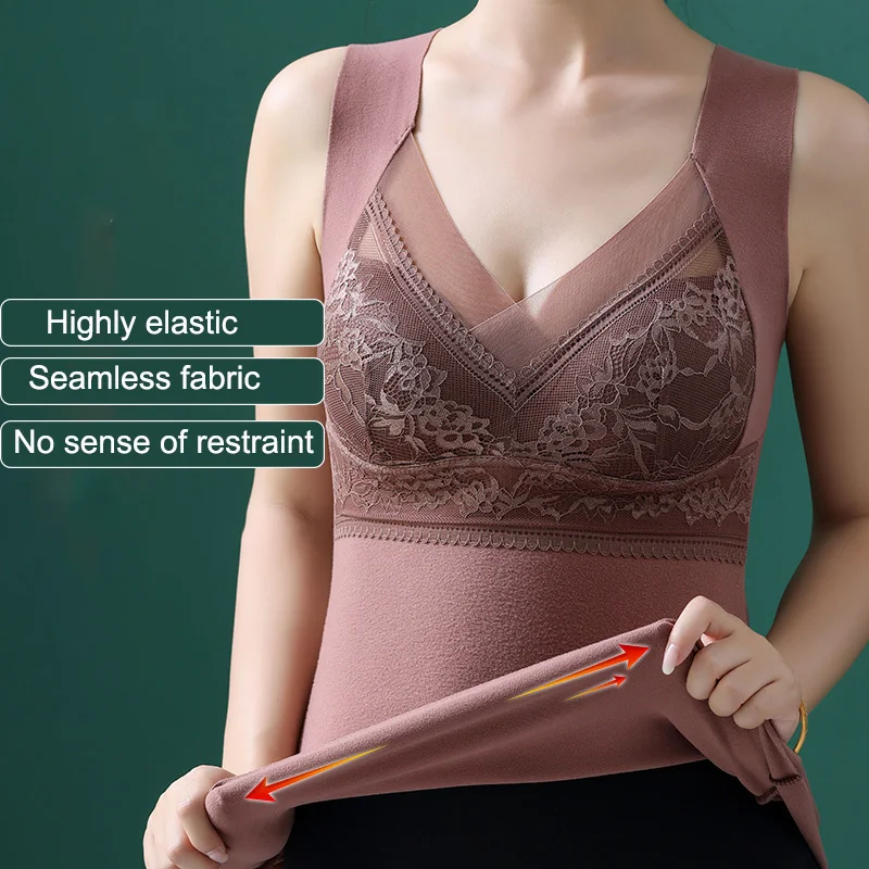 Thermal Tops Vest For Women Winter Sleeveless V Neck Sexy Lace Warm Tops With Bra Plus Size Seamless Thin Velvet Underwear 4XL