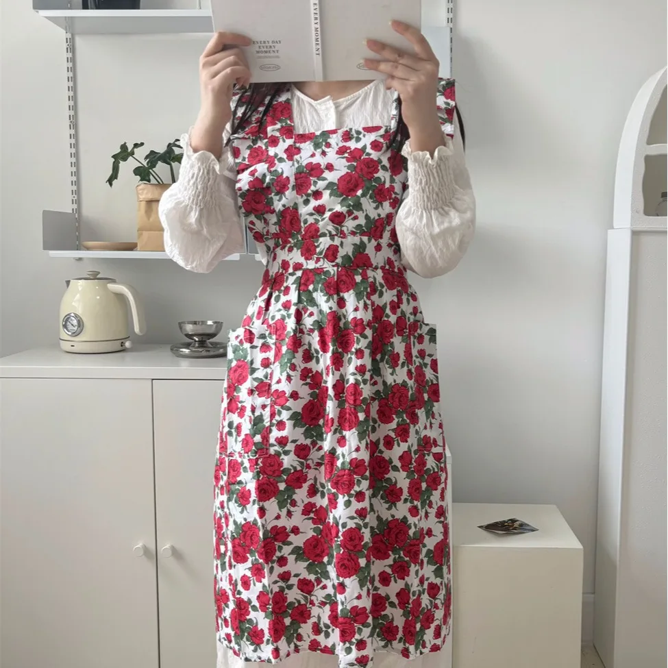 Romantic Rose Print Apron With Ruffle Edge Tie Handmade Floral Work Clothes Women's Home Cleaning Apron