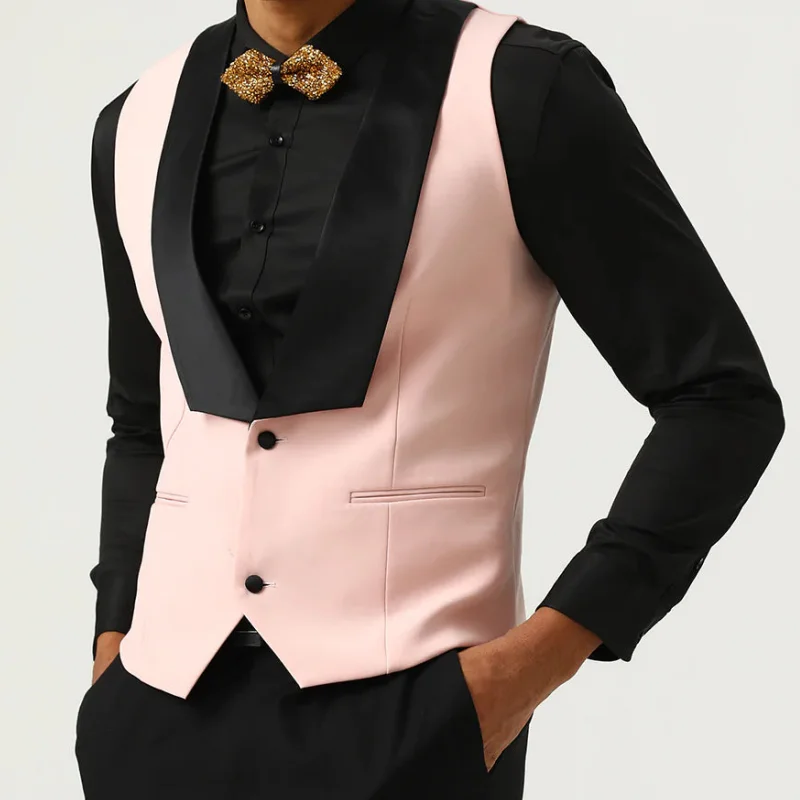 Men Vest Pink With Black Lapel Waistcoat For Wedding Birthday Business Banquet Work Set Men Suit Vest